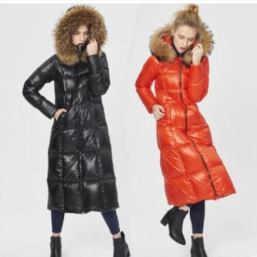 2019 Europe and America white down jacket fashion upmarket over knee women jackets luxury raccoon big collar winter warm clothes