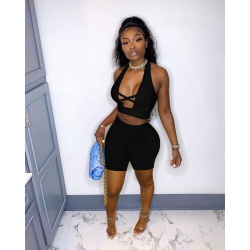 Two Piece Set 2021 Summer Ladies Tracksuits Fashion Halter V Neck Bandage Crop Top +Skinny Shorts Sexy Club 2Pcs Set Streetwear