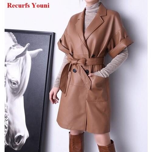 Women Genuine Leather Short Sleeve Coat 2021 Female Elegant French Suit Collar Pockets Long Jacket Mujer Chic Sweater Manteau