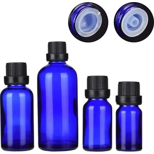 100ML 50ML 30ML 20ML 15ml 10ml Empty Blue Glass Packaging Cosmetic Essential Oil Bottle Black Anti-theft Big Cap Dispenser Vials