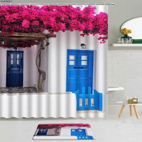 2Pcs Green Vine Flowers Blue Door Shower Curtain Watercolor Street View Ocean Landscape Bathroom Non-Slip Bath Mat Curtains Set