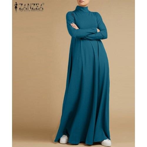 2021 ZANZEA Casual Turtleneck Maxi Dress Kaftan Womens Solid Sundress Long Sleeve Maxi Vestidos Female Spring Robe Plus Size