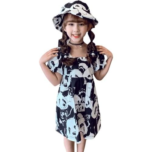 Free Hat Dress Girl Cartoon Panda Dress For Girl Puff Sleeve Party Dress Child Summer Girl Costume 6 8 10 12 14