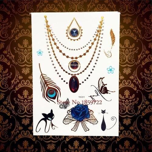 Large Rose Bowknot Gold Flash Fake Tattoo Stickers HYH-011 New Designs Golden Waterproof Tattoo Choker Sexy Tattoos Diamonds Cat