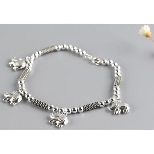 925 Silver Elephant Charm Bracelet 19.5cm Chain Vintage 100% Original S925 Thai Silver Bracelets for Women Jewelry
