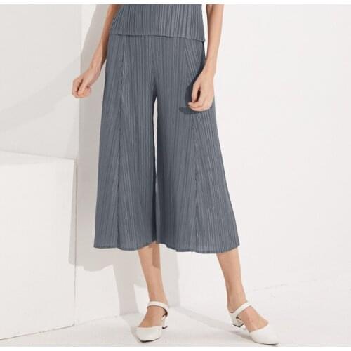 Miyake Pleated Wide Leg Pants Summer Women Stretch Calf-Length Pants Trousers jogger pants women high waist pants 5021