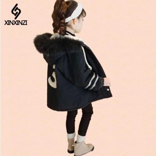 Long Winter Girl Coat Jackets Casual Hooded Solid Warm Fur Plus Velvet Thicken Black Clothing 4-11Y Kids Windbreaker High Qualit