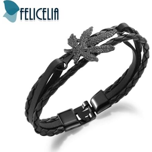 Felicelia Vintage Jewelry Braided Multilayer PU Leather Bangle Bracelet For Men Boys Leaf Handmade Wrap Bracelet Black/ Brown