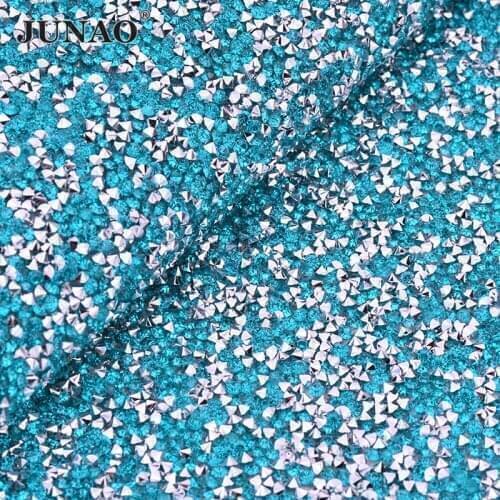 JUNAO 24*40cm Hotfix Aquamarine Rhinestones Mesh Trim Silver Crystal Applique Strass Fabric Sheet For DIY Clothes Shoes Crafts