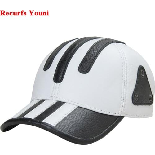Genuine Leather Golf Hat For Men Casual Outdoor White Black Patchwork Baseball Cap Male Thin Duck Tongue Chic Trucker Casquette