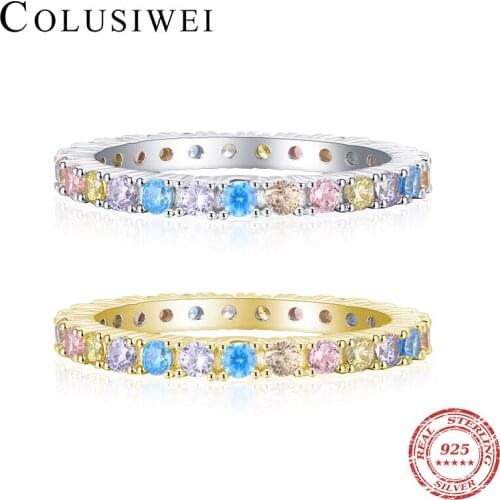 Colusiwei Fashion 925 Sterling Silver Sweet Finger Ring Rainbow Color Zircon Ring for Women Wedding Engagement Fine Jewelry