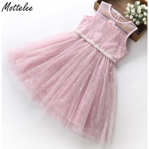 Mottelee Formal Girls Dress Princess Pearls Lace Baby Dresses Tulle Beading Party Ball Gown Pink Fancy Frocks for 4-11 Years