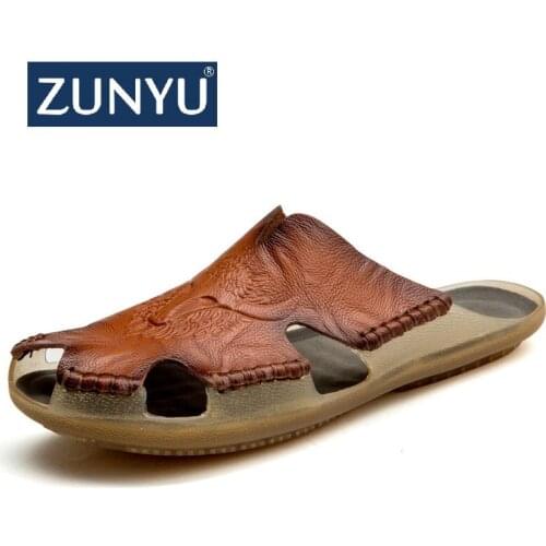 ZUNYU 2019 New Quality leather Non-slip Slippers Men Beach Sandals Comfortable Summer Shoes Men Slippers Classics Men Flip Flops