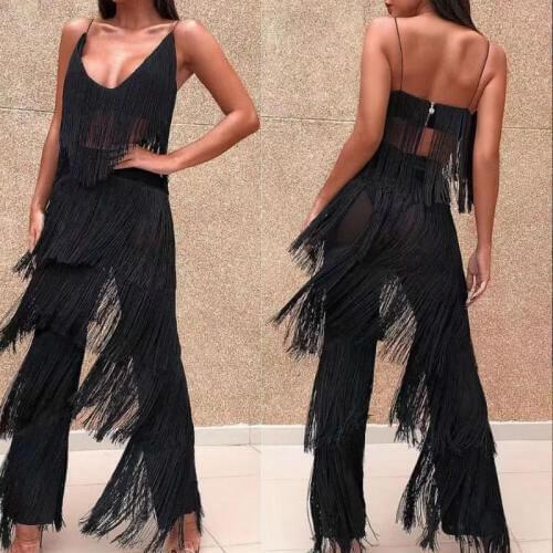 New Arrival Sexy Deep V-Neck Women jumpsuit Rompers Black Tassel Lady Evening Party Club Bodysuits Slim bodycon Women Playsuits