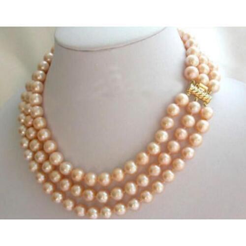Charming 3Rows 8-9mm Round Pink Pearls Necklace 17"-19"