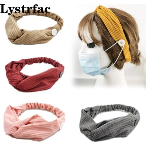 Lystrfac Solid Color Knit Button Mask Headband for Women Cross Knot Hairband Elastic Yoga Headwear Female Hair Accessories