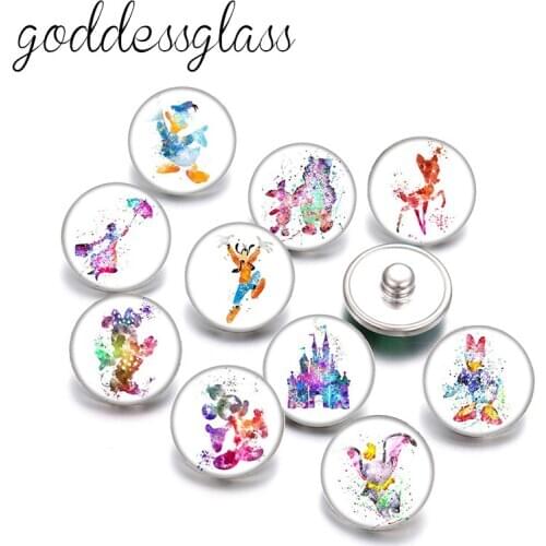 Disney Mickey Minnie Mouse Donald Pooh Bambi 10pcs Round photo 18mm snap buttons for 18mm snap necklace DIY jewelry