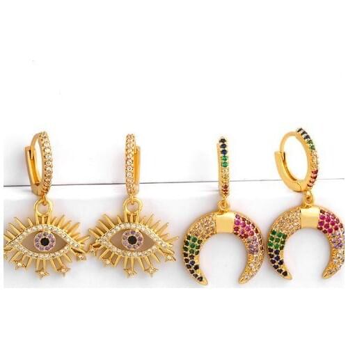 Horns evil eye multicolor Brass micro pave cz zircon cubic zirconia drop Hoop Earrings copper gold plated crystal studs yujh4