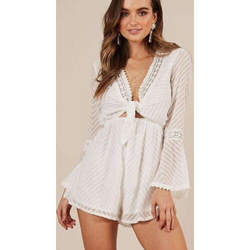 AYUALIN Sexy Deep V Neck Short Jumpsuit White Boho Lace splice Chiffon Jacquard See Through Rompers Summer Long Sleeve Playsuit