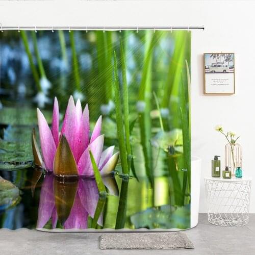 Green Lotus Pond In The Sun Shower Curtains Natural Scenery Bathroom Curtain Bathtub Decor Home Decoration Bathroom Products