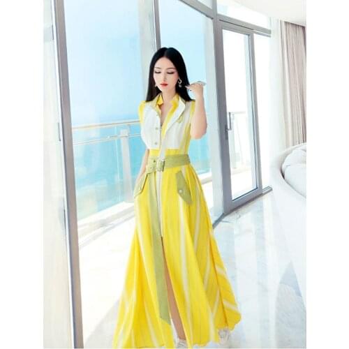 Yellow Women Casual Dress Elegant Womens Fashion Belt Dresses High Quality Vestido Boho Design Temperament 2021 Autumn Cotton