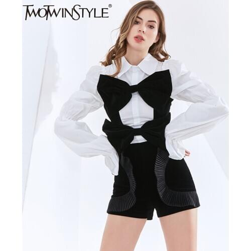 TWOTWINSTYLE Sweet Style Shirts For Women Lapel Puff Long Sleeve Ruched Patchwork Bow Hit Color Loose Blouse Female 2020 Clothes