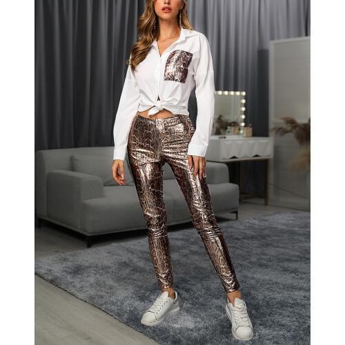 Women Snake Contrast Pocket Shirt Top & Long Pants 2 Piece Set