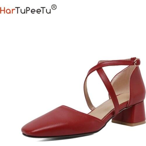 Mary Jane Sandals Women 2021 Summer Faux Cow Leather Korean Style Elegant 3~19 Size Square Heel Cross Buckle Comfortable Shoes