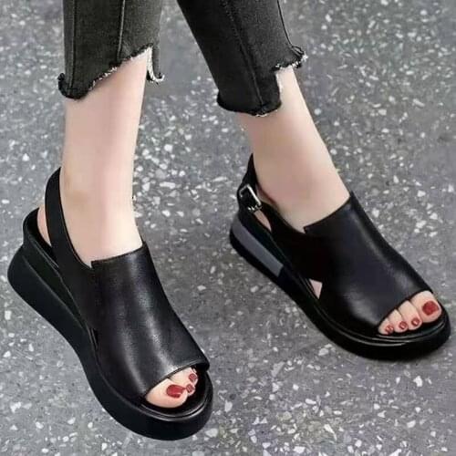 2021 Women Wedges Sandals Fashion PU Leather High Heels Summer Office Lady Platform Sandals Shoes Woman Sandalias Open Toe Shoes