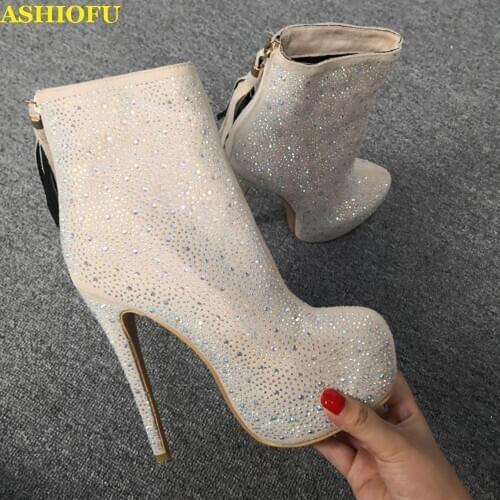 ASHIOFU Handmade Women High Heel Platform Boots Crystals Round-toe Party Prom Ankle Boots Evening Western Fashion Boots Shoes