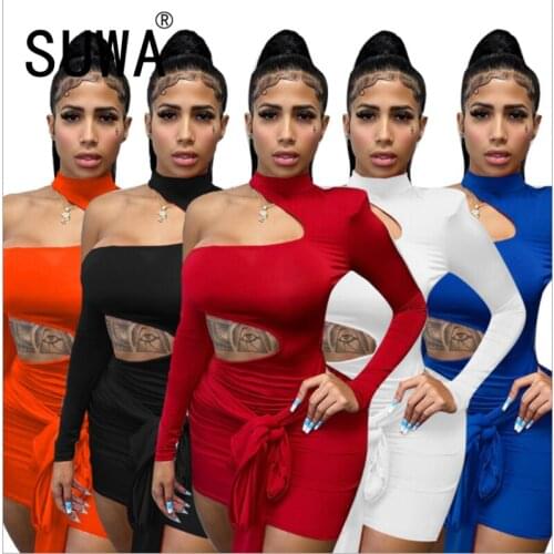 Sexy One Shoulder Sheath Mini Dress Hollow Out Summer Autumn Club Dress Vestidos Femme