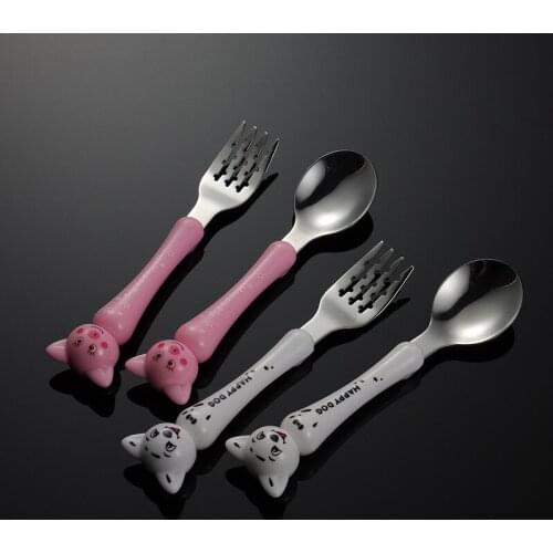 1PCS Cute Cartoon Stainless Steel Children Tableware Set Lovely Pig and Dog Fork Teaspoon Cutlery Kids Cutlery Sets High Quality