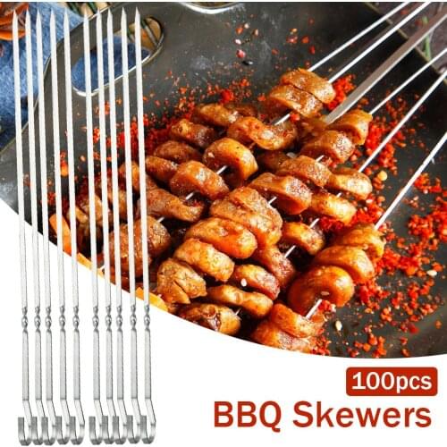 100PCS Stainless Steel Barbecue Needle BBQ Barbecue Flat Skewers BBQ Needle Anti-skid Handle Barbecue Sign Durable Kitchen Gadge