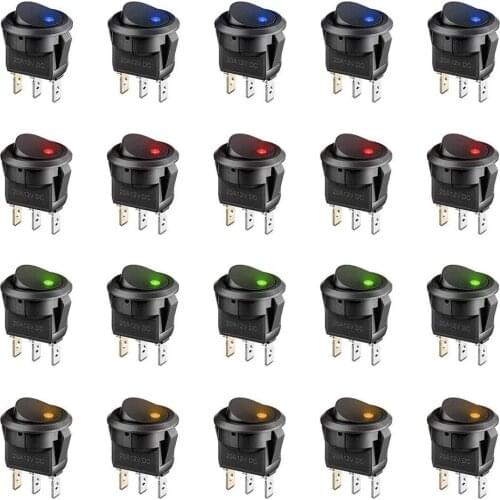 20Pcs 3 Pin 12V 20A Amps Car Truck Rocker Round Toggle LED Switch On-Off Control Blue Green Yellow Red