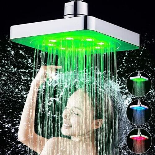 360° Adjustable 6 Inch LED Light Square Rain Shower Head Stainless Steel 3 Color Changing Temperature Control Bathroom Showerhea