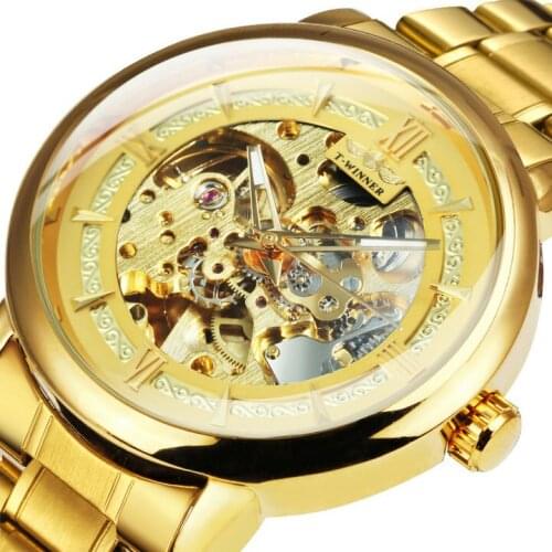 WINNER Top Brand Luxury Auto Mechanical Watch Men Golden Stainless Steel Strap Skeleton Dial Fashion Business Wristwatches 2019