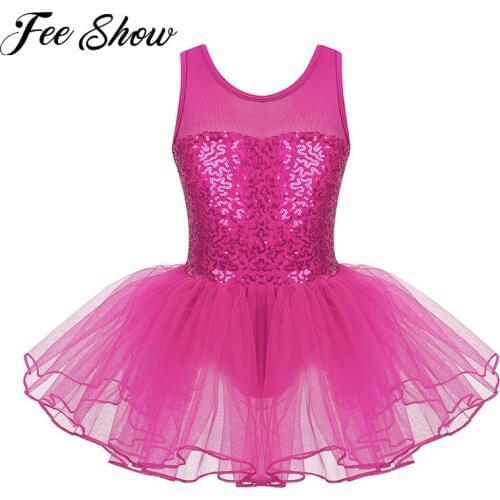 Kids Girls Sleeveless Stretch Mesh Splice Sequins Ballet Tutu Dress Children Gymnastics Leotard Ballerina Party Dance Costume