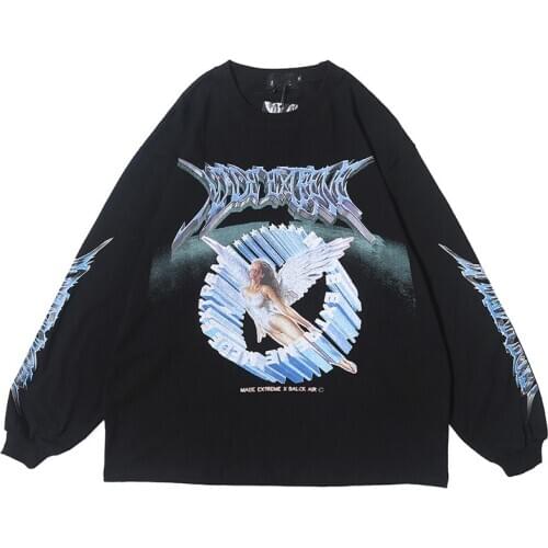 Hip Hop T Shirt Men Long Sleeve Streetwear Retro Angel Print Harajuku Tshirt Loose Oversize Cotton Tops Tees camisetas hombre