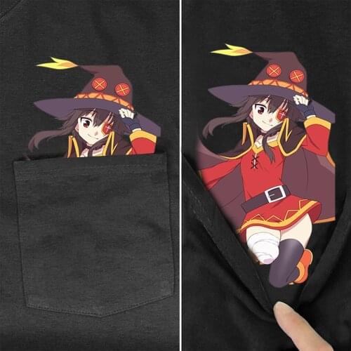 Anime Girl Megumin Konosuba Cotton T-Shirt Summer Pocket Cartoons Printed Casual Shirt Short Sleeve Tops Funny Cotton Black Tees