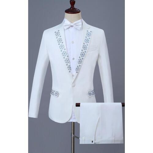 Singer star style dance stage clothing for men groom suit set with pants mens suits Flower drill formal dress tie black white