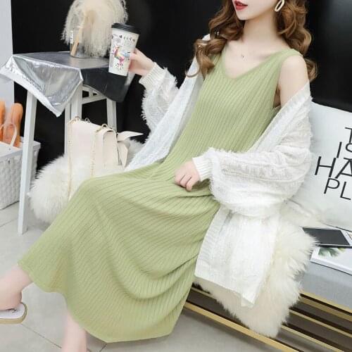 Ice Silk Knit Dress Summer Mid-length Outer Wear V-neck Bottoming Korean Loose Thin Section Fairy Sleeveless Vest Skirt