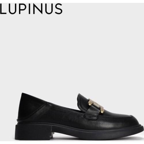 LUPINUS Spring Gold Metal Women Loafers 2021 New Fashion Square Toe Women Flat Shoes Women Leather Shoes Big Size Shoes 34-43