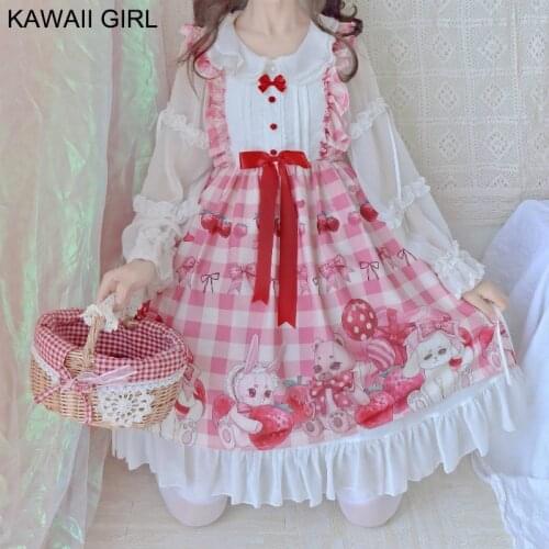 Kawaii JSK Lolita Girls Princess Dress Strawberry Sleeveless Soft Girl Princess Dress Cute Rabbit Sweet Lolita JSK Dress Women