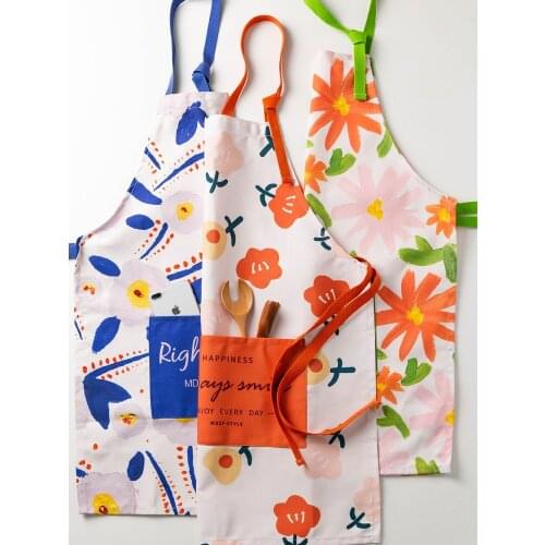 Original Floral Apron Home Korean Style Apron Kitchen Cute Fashion Work Clothes Womens Cotton Linen Overclothes