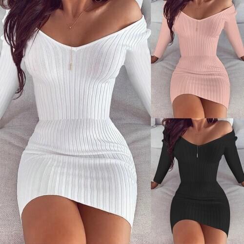 Autumn New Bodycon Dress Sexy Temperament V-Neck Solid Color Slim Long-Sleeved Dress Knit Party Strapless Solid Color Skirt