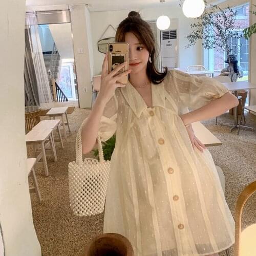 Summer Womens Loose Dress Cute Sweet Short Sleeve Knee-length Organza Apricot Pink Buttons Front B50