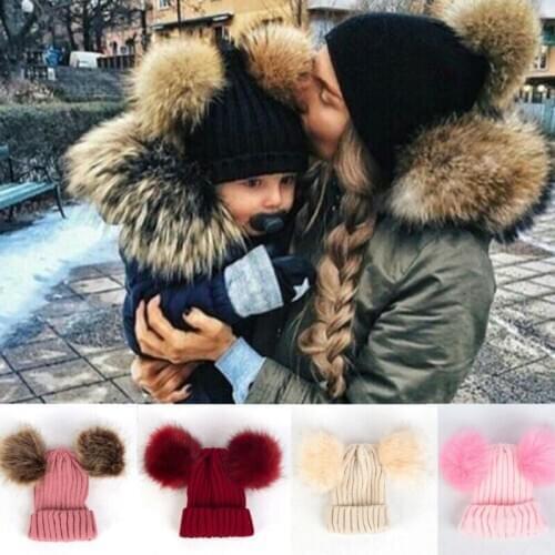 Toddler Kids Baby Girl Boy Hats Infant Winter Warm Crochet Knit Hat Fur Balls Beanie Cap Baby Stuff Accessories