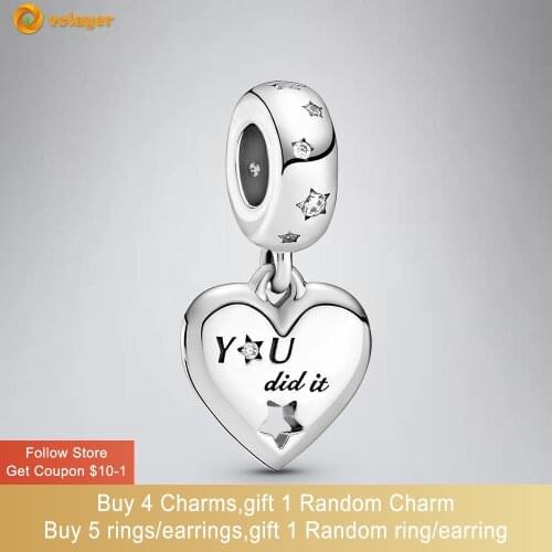 Volayer 925 Sterling Silver Congratulations Heart & Stars Charm fit Original Pandora Bracelets for Women DIY Jewelry Making