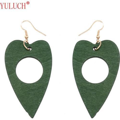 YULUCH 5 color wood hollow hole Heart-shaped pendant earrings for office girl women novel jewelry accessories M0021