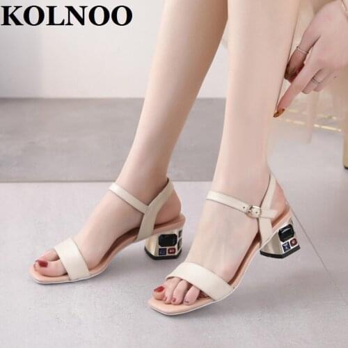 KOLNOO New Arrival Handmade Womens Chunky Heels Sandals Real Photos Genuie Leather Party Prom Evening Summer Fashion Daily Shoes